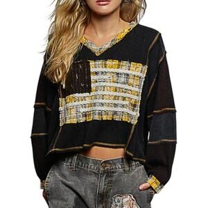 POL Black Waffle Knit Top American Flag Patchwork Plaid V Neck Size Small